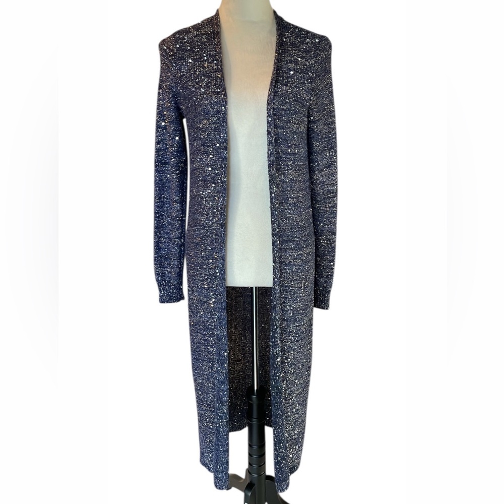 WHBM Blue and Silver Metallic Long Cardigan